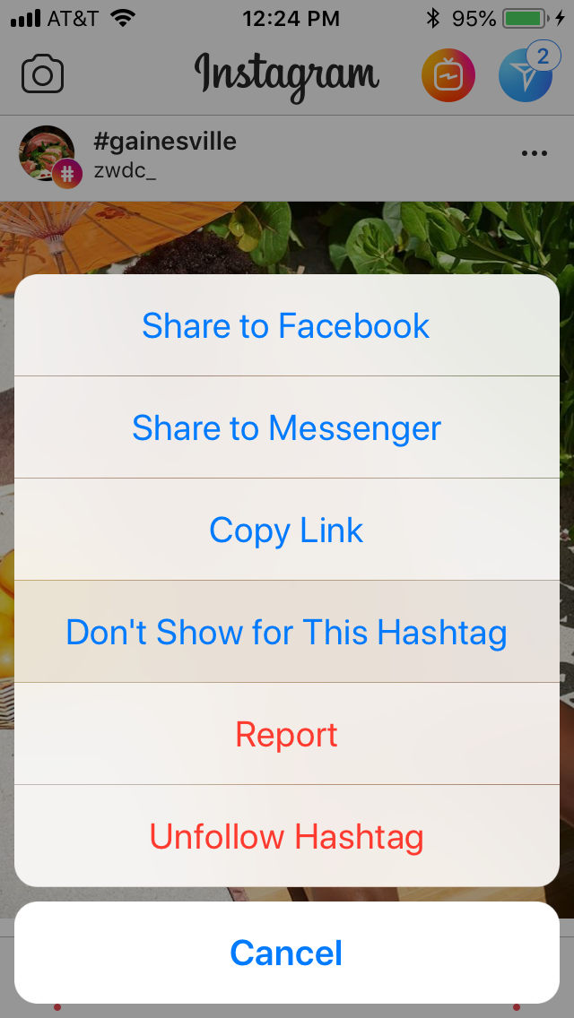 Screenshot of what happens when a user no longer wants to see posts from a certain hashtag on instagram. Shows how user can select the "Don't show for this hashtag" button.