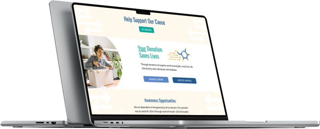 insulin for life mockup of website on laptp