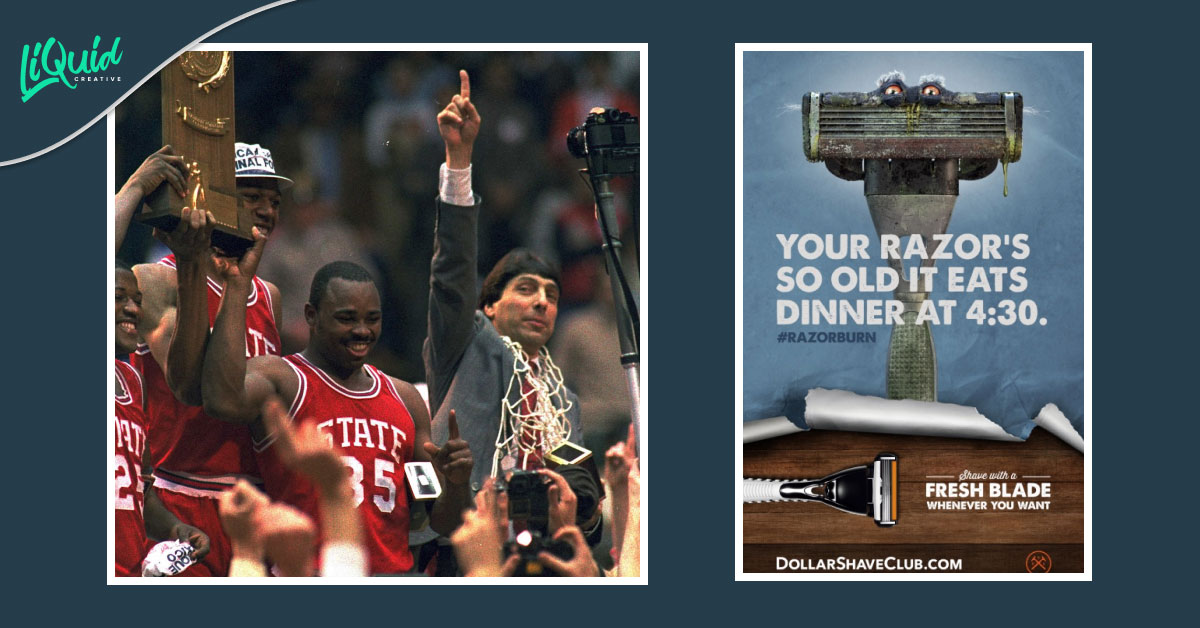 Side-by-side image of Dollar Shave Club ad and an underdog team