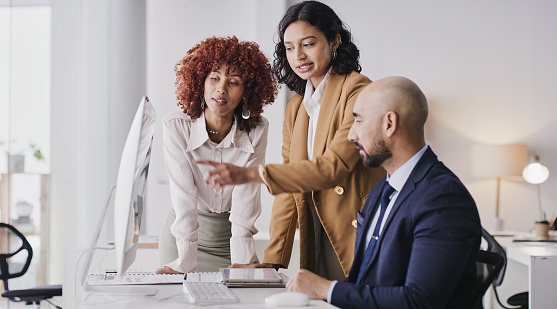 Administration computer, collaboration or business people point at financial diversity funding, finance or online accounting. Fintech database, data analysis or accountant teamwork on bank compliance
